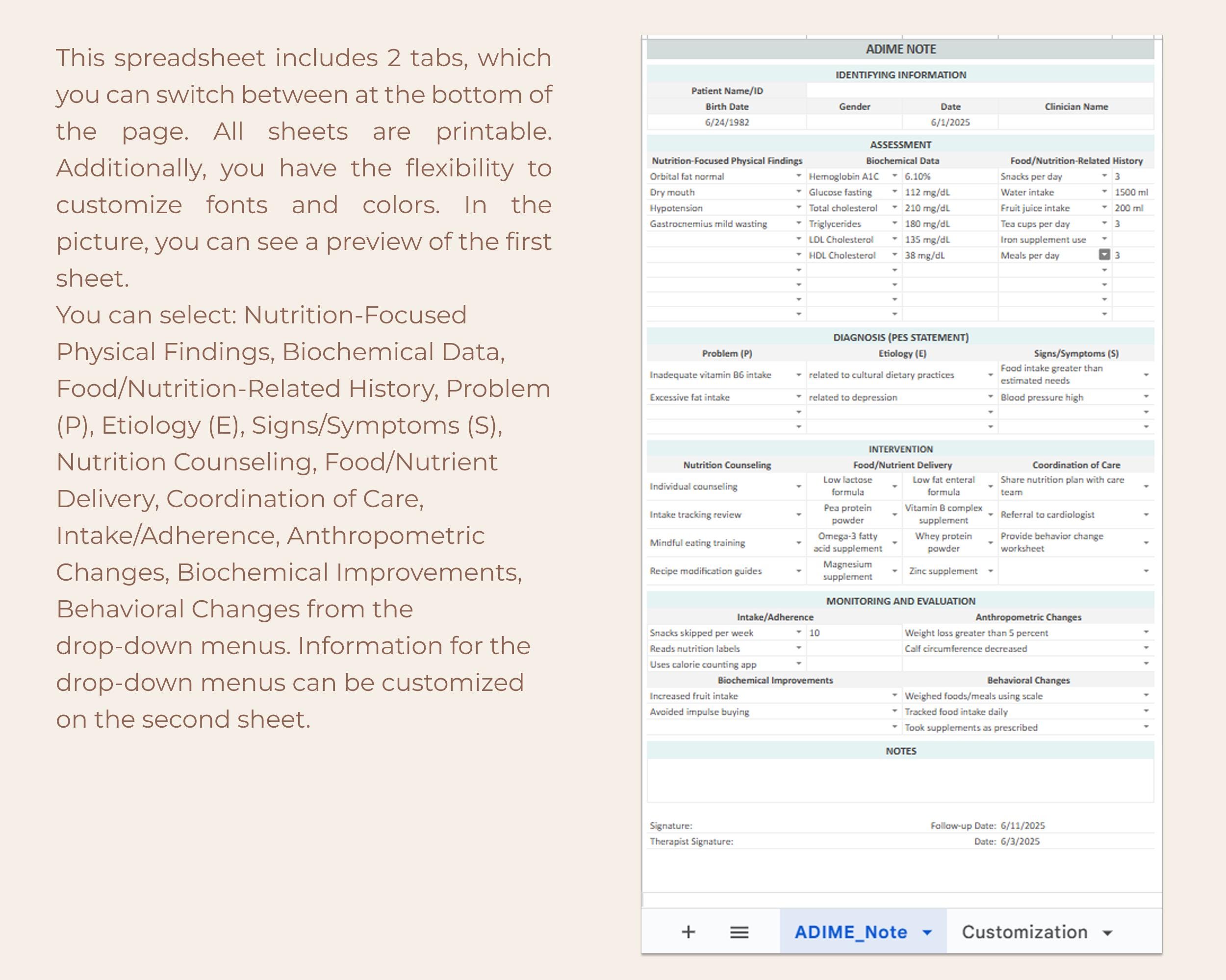 ADIME Note Template for Dietitians Nutrition Documentation Diet Therapy ...
