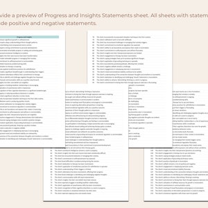 May include: A printable worksheet with a list of progress and insights statements for therapy. The statements are divided into positive and negative categories. The worksheet is designed to help therapists track their clients' progress and identify areas for improvement.