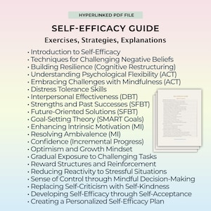 Self Efficacy Guide PDF Confidence Growth Cheat Sheet CBT ACT Skills Mindset Reset Goal Planning Emotional Resilience Therapy Handout