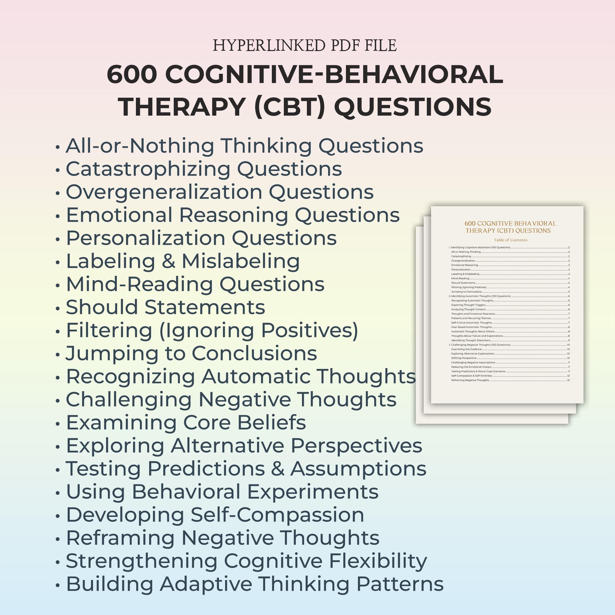 CBT Therapy Questions Socratic Worksheets Cognitive Distortion Templates Cognitive-Behavioral Psychology Tool for Mental Health Sessions