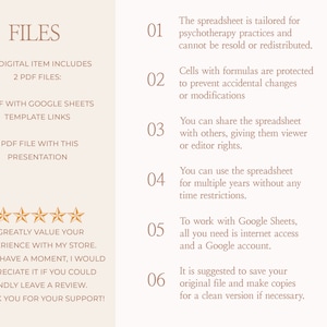 May include: A digital download for a psychotherapy spreadsheet template. The text on the image reads "WISE SPREADSHEETS SHOP" and includes a list of features: "The spreadsheet is tailored for psychotherapy practices and cannot be resold or redistributed." "Cells with formulas are protected to prevent accidental changes or modifications." "You can share the spreadsheet with others, giving them viewer or editor rights." "You can use the spreadsheet for multiple years without any time restrictions." "To work with Google Sheets, all you need is internet access and a Google account." "It is suggested to save your original file and make copies for a clean version if necessary."