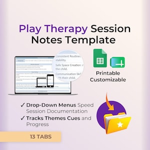 Op de afbeelding: Een sjabloon voor speltherapie-sessienotities met een laptop en smartphone die digitale formulieren tonen, een vergrootglas met tekst, groene spreadsheet-pictogrammen en een geel map-pictogram. Tekst bevat 13 TABS en vinkjes.