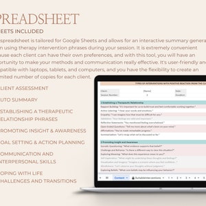 May include: A laptop computer screen displaying a spreadsheet titled "Spreadsheet" with the text "7 Sheets Included". The spreadsheet is designed for Google Sheets and includes sections for client assessment, auto summary, establishing a therapeutic relationship, promoting insight and awareness, goal setting and action planning, communication and interpersonal skills, coping with life, and challenges and transitions.