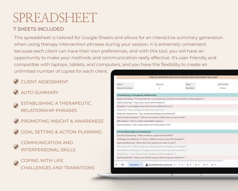 May include: A laptop computer screen displaying a spreadsheet titled "Spreadsheet" with the text "7 Sheets Included". The spreadsheet is designed for Google Sheets and includes sections for client assessment, auto summary, establishing a therapeutic relationship, promoting insight and awareness, goal setting and action planning, communication and interpersonal skills, coping with life, and challenges and transitions.