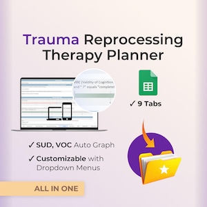 Könnte beinhalten: Trauma Reprocessing Therapy Planner mit Laptop- und Smartphone-Anzeige, grünem Tabellen-Symbol mit 9 Reitern und gelbem Ordner-Symbol. Text: SUD, VOC Auto Graph und Customizable with Dropdown Menus.