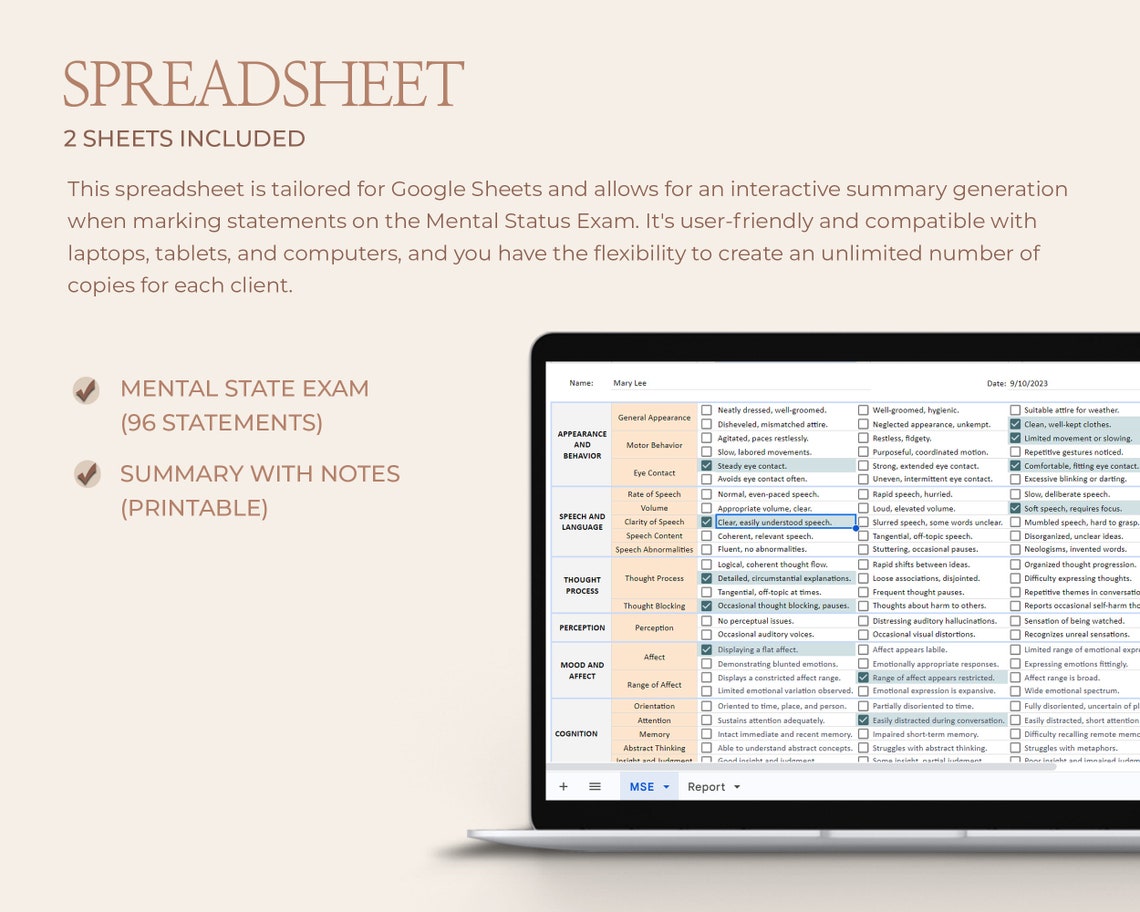 MSE Sheet Template, Mental Status Exam, Mental Status Assessment
