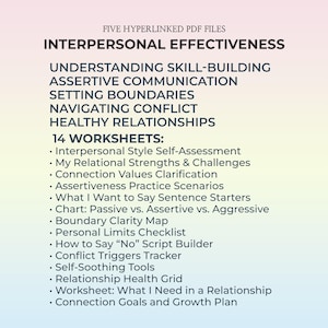 May include: A digital product with the title "Interpersonal Effectiveness" and the text "Five Hyperlinked PDF Files." The image lists topics such as assertive communication, setting boundaries, and healthy relationships. It also lists 14 worksheets.