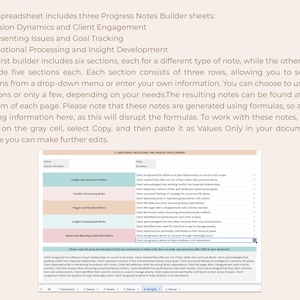 May include: A digital spreadsheet template for progress notes featuring three builder sheets: Session Dynamics and Client Engagement, Presenting Issues and Goal Tracking, and Emotional Processing and Insight Development, with drop-down menus and formula-based text.