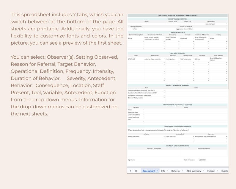 Functional Behavior Assessment Editable ABA Form for Special Education ...