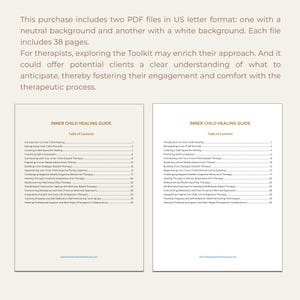 May include: Two pages from a guide titled "Inner Child Healing Guide" with a table of contents listing topics such as recognizing inner child wounds, creating a safe space for healing, practicing self-compassion, and building inner dialogue. The guide is 38 pages long.