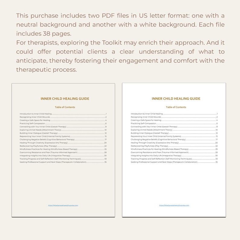 May include: Two pages from a guide titled "Inner Child Healing Guide" with a table of contents listing topics such as recognizing inner child wounds, creating a safe space for healing, practicing self-compassion, and building inner dialogue. The guide is 38 pages long.