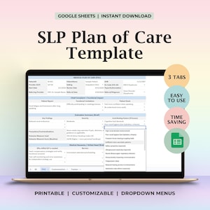 Könnte beinhalten: Ein Laptop zeigt eine SLP-Planvorlage. Der Bildschirm zeigt ein detailliertes Formular mit Abschnitten für Patienteninformationen und Auswertungszusammenfassungen. Text enthält "3 TABS", "EASY TO USE" und "TIME SAVING". Die Vorlage ist druckbar, anpassbar und verwendet Dropdown-Menüs.