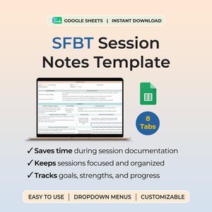 Puede incluir: Una plantilla digital de notas de sesión SFBT para Google Sheets que muestra en una pantalla de portátil un formulario de terapia estructurado con ocho pestañas. El gráfico incluye etiquetas de texto para descarga y menús desplegables.