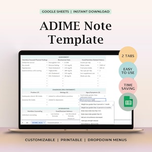 ADIME Note Template for Dietitians Nutrition Documentation Diet Therapy Clinical Notes Patient Intake Tracker Meal Planning Printable Sheet