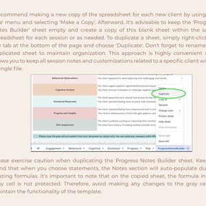 May include: A screenshot of a computer screen showing a spreadsheet with the title "Progress Notes Builder". The spreadsheet is divided into sections for behavioral observations, cognitive content, emotional responses, progress and insights, and risk assessment. The screenshot also shows a menu with options to duplicate, copy to, rename, change color, protect sheet, hide sheet, view comments, move right, and move left.