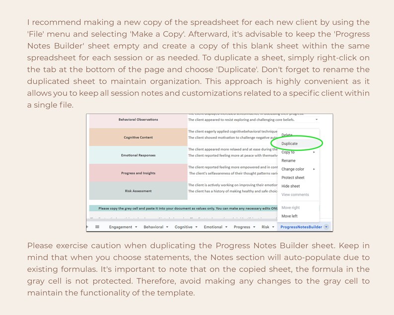 May include: A screenshot of a computer screen showing a spreadsheet with the title "Progress Notes Builder". The spreadsheet is divided into sections for behavioral observations, cognitive content, emotional responses, progress and insights, and risk assessment. The screenshot also shows a menu with options to duplicate, copy to, rename, change color, protect sheet, hide sheet, view comments, move right, and move left.