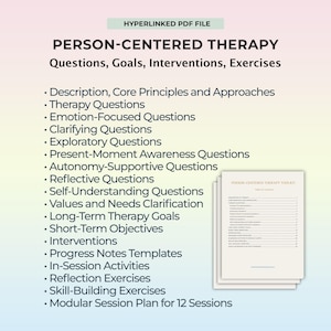Preguntas de terapia centrada en la persona, indicaciones de intervención para el desarrollo personal, reflexión del cliente, objetivos, plantilla de notas del terapeuta, herramienta de asesoramiento