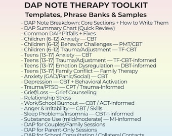 May include: A digital document titled "DAP NOTE THERAPY TOOLKIT" with a list of templates, phrase banks, and samples. The document covers topics like anxiety, trauma, depression, and family therapy, with CBT and other therapeutic approaches.
