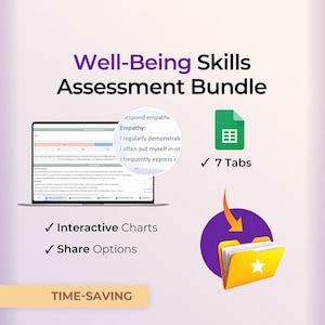 Könnte beinhalten: Well-Being Skills Assessment Bundle mit einem Laptop, der eine Tabelle anzeigt, einem grünen Tabellensymbol mit 7 Tabs und einem gelben Ordnersymbol mit einem weißen Stern. Der Text lautet Time-Saving.