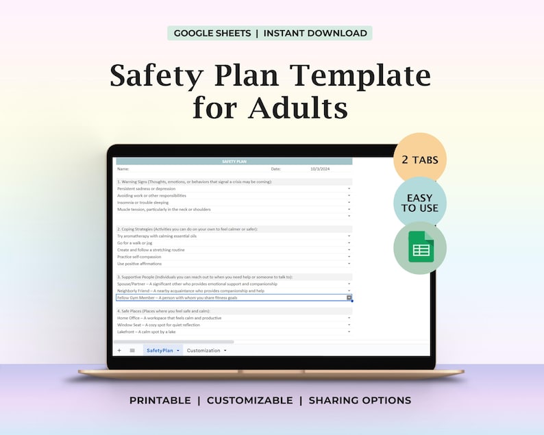 Plan de seguridad emocional, plantilla de apoyo en situaciones de crisis, estrategias de afrontamiento de salud mental, plan de seguridad, ejemplo, herramienta para terapeutas, hoja de trabajo digital, guía en PDF imagen 1
