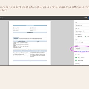 May include: A screenshot of a computer screen showing a print settings menu. The menu includes options for paper size, orientation, scale, margins, and formatting. The selected settings are "Letter (8.5 x 11)", "Portrait", "Normal (100%)", "Normal", and "Custom Page Breaks".