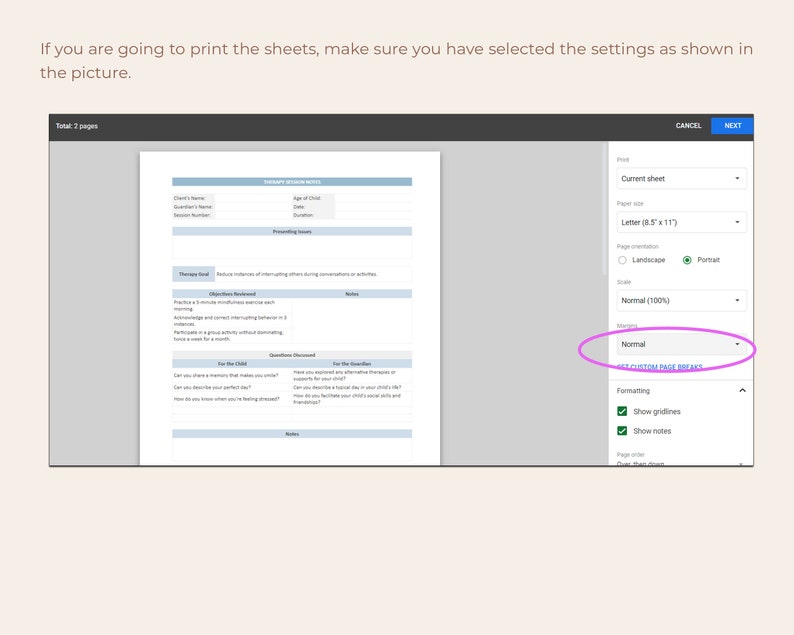 May include: A screenshot of a computer screen showing a print settings menu. The menu includes options for paper size, orientation, scale, margins, and formatting. The selected settings are "Letter (8.5 x 11)", "Portrait", "Normal (100%)", "Normal", and "Custom Page Breaks".