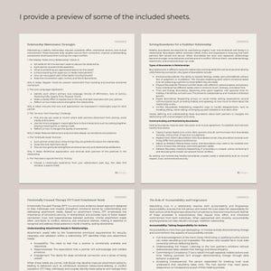 May include: A page from a workbook titled "Relationship Maintenance Strategies" with a list of strategies to help couples maintain a healthy relationship. The strategies include "The Weekly State of Our Relationship Check-in", "The Love Languages Application", "The 24 Hour Tech-Free Day Challenge", "The Grateful Exercise", and "Choose a Special Memory Activity".