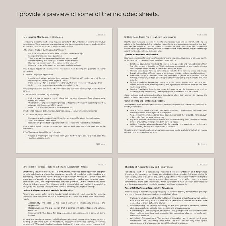 May include: A page from a workbook titled "Relationship Maintenance Strategies" with a list of strategies to help couples maintain a healthy relationship. The strategies include "The Weekly State of Our Relationship Check-in", "The Love Languages Application", "The 24 Hour Tech-Free Day Challenge", "The Grateful Exercise", and "Choose a Special Memory Activity".