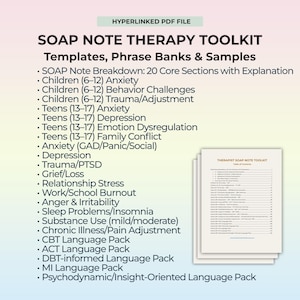Kit de herramientas de notas SOAP para terapeutas Documentación de sesiones rápidas Copiar y pegar Biblioteca de frases objetivo por grupo de edad Problema presentado Conjunto de enfoques terapéuticos