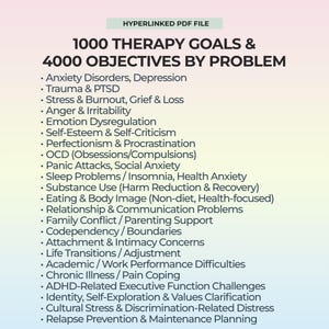 May include: A digital document titled "1000 Therapy Goals & 4000 Objectives by Problem." The document lists various mental health topics, including anxiety, trauma, stress, anger, and relationship issues. The document is a hyperlinked PDF file.