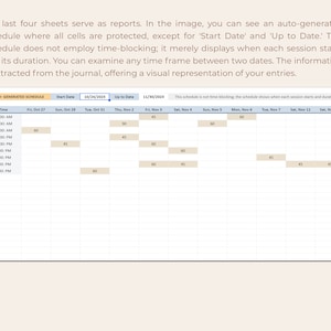 May include: A visual representation of a schedule with a grid layout. The schedule is for the period of 24 October 2023 to 30 November 2023. The schedule shows the start time and duration of each session. The schedule is not time-blocking.