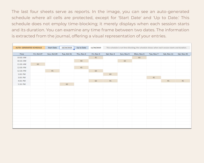 May include: A visual representation of a schedule with a grid layout. The schedule is for the period of 24 October 2023 to 30 November 2023. The schedule shows the start time and duration of each session. The schedule is not time-blocking.