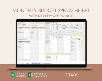 Monthly budget template, Excel budget, Budget spreadsheet, Expense tracker, Debt Payoff, Budget Planner, Budget worksheet, Personal budget