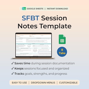 Peut inclure: Un modèle numérique de notes de session SFBT pour Google Sheets affiché sur un écran d'ordinateur portable, présentant un formulaire structuré avec des sections pour les objectifs, les forces et les progrès, incluant une icône de feuille de calcul.