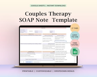 Plantilla de nota SOAP para terapia de pareja. Herramienta de documentación de sesiones conjuntas de LMFT para consejeros matrimoniales y pasantes. Registros de progreso clínico.