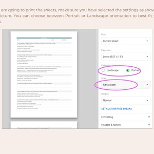 Puede incluir: Captura de pantalla de la configuraci&oacute;n de impresi&oacute;n con opciones de tama&ntilde;o de papel, orientaci&oacute;n y escala. El texto dice: "Si va a imprimir las hojas, aseg&uacute;rese de haber seleccionado la configuraci&oacute;n como se muestra en la imagen."