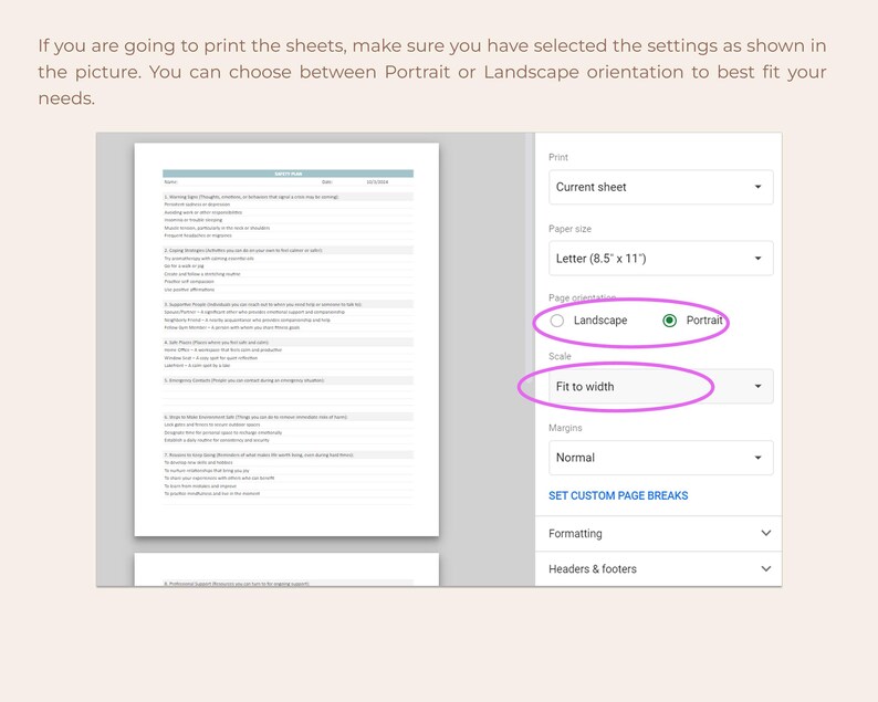 Puede incluir: Captura de pantalla de la configuraci&oacute;n de impresi&oacute;n con opciones de tama&ntilde;o de papel, orientaci&oacute;n y escala. El texto dice: "Si va a imprimir las hojas, aseg&uacute;rese de haber seleccionado la configuraci&oacute;n como se muestra en la imagen."