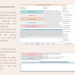 Peut inclure: Une capture d'&eacute;cran d'un ordinateur montrant une feuille de calcul avec un sch&eacute;ma de couleurs bleu clair, rose et vert. La feuille de calcul est intitul&eacute;e "Pr&eacute;sentation des probl&egrave;mes et suivi des objectifs". Le texte "Veuillez copier le gris et le coller dans votre document aussi souvent que n&eacute;cessaire. Vous pouvez apporter toutes les modifications n&eacute;cessaires (UNIQUEMENT) dans votre document." est visible dans la feuille de calcul.