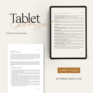 May include: A digital tablet displays a "Modular Narrative Therapy Session Plan" with a list of topics. The image also shows two PDF files, each 22 pages long, with the text "Tablet Optimized" and "Instant Download."