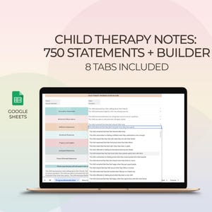 Frases clínicas de terapia infantil Generador de notas de progreso Lista de verificación del terapeuta Declaraciones de asesoramiento Hoja de documentación del asistente de terapia infantil