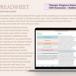 May include: A digital therapy progress notes spreadsheet for Google Sheets featuring 1600 statements and a builder. The interface displays a laptop screen with a tracking table, while the text lists 100 notes for sessions, goals, and client engagement.
