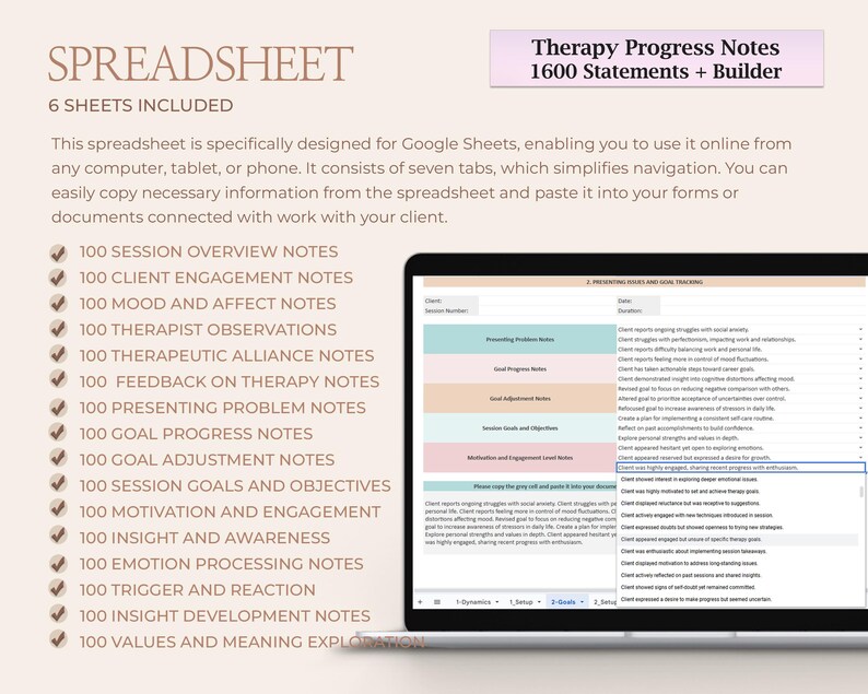 May include: A digital therapy progress notes spreadsheet for Google Sheets featuring 1600 statements and a builder. The interface displays a laptop screen with a tracking table, while the text lists 100 notes for sessions, goals, and client engagement.