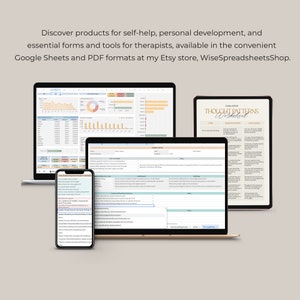 May include: A laptop, tablet, and smartphone display self-help and therapy worksheets. The screens show charts, tables, and the text "THOUGHT PATTERNS Worksheet". The image promotes self-help tools available in Google Sheets and PDF formats.