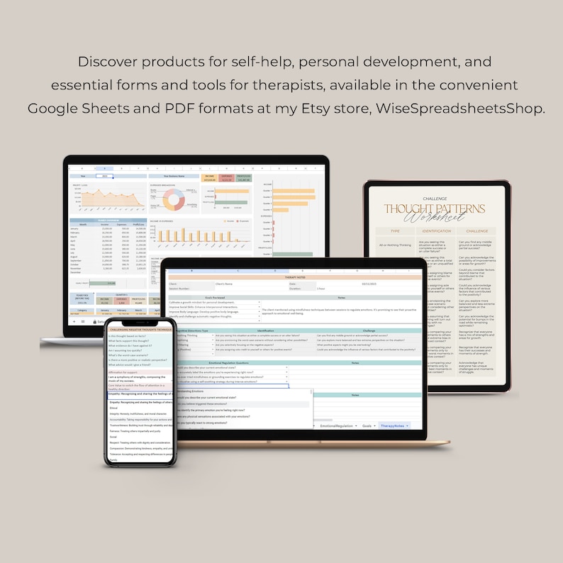 May include: A laptop, tablet, and smartphone display self-help and therapy worksheets. The screens show charts, tables, and the text "THOUGHT PATTERNS Worksheet". The image promotes self-help tools available in Google Sheets and PDF formats.