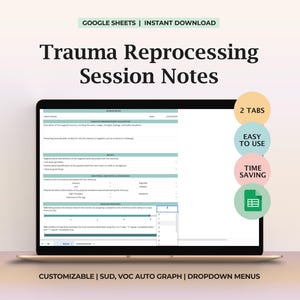 Plantilla de notas de sesión de reprocesamiento de trauma. Rastreador de estimulación bilateral. Documentación del terapeuta. Hoja de cálculo de cierre de creencias y memoria de VoC.