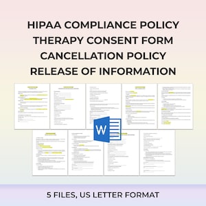 Therapy Consent Form HIPAA Compliance Policy Cancellation Agreement Authorization to Release Information Editable Word Document Therapists