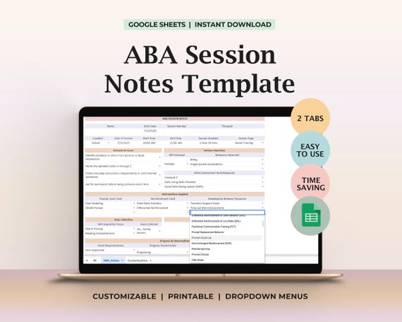 ABA Session Notes Template BCBAs RBTs Applied Behavior Analysis Printable Digital Sheet Therapy Data Collection Session Progress Tracking