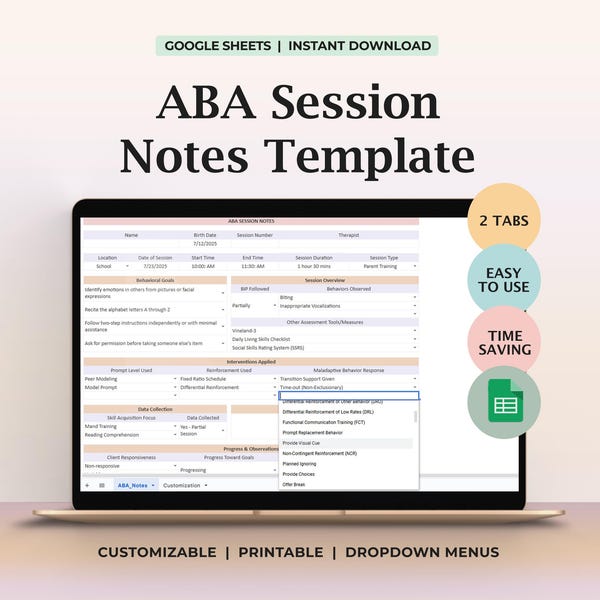 ABA Session Notes Template BCBAs RBTs Applied Behavior Analysis Printable Digital Sheet Therapy Data Collection Session Progress Tracking