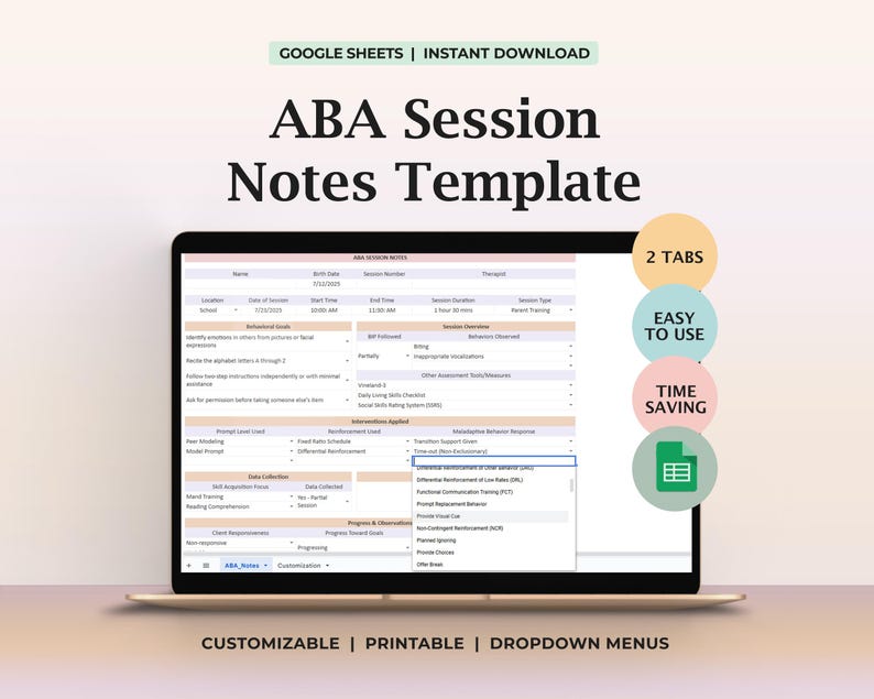 ABA Session Notes Template BCBAs RBTs Applied Behavior Analysis Printable Digital Sheet Therapy Data Collection Session Progress Tracking image 1