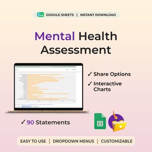 Può includere: Un modello digitale di valutazione della salute mentale per Google Sheets con lo schermo di un portatile che mostra un grafico a barre, 90 affermazioni, opzioni di condivisione, grafici interattivi, menu a tendina e campi personalizzabili.
